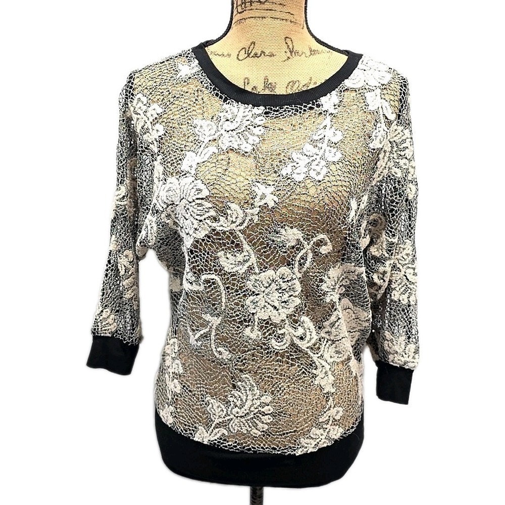 Y2K Studio Y Sheer Floral Lace Top Black Cream Romantic Whimsy Goth Blouse sz LG